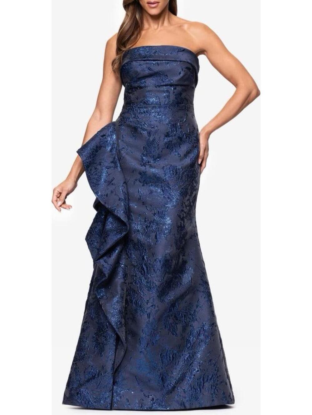 New Xscape Evenings Strapless Ruffle Brocade Gown In Navy Sz 12 $308